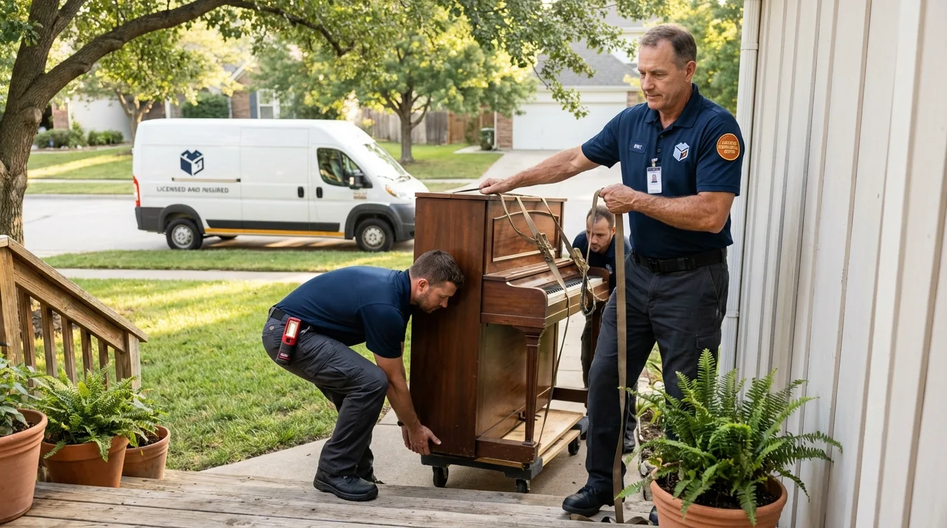 Licensed piano movers securing grand piano in Strafford, NH